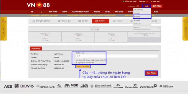3 bước rút tiền VN88 về tài khoản ngân hàng
